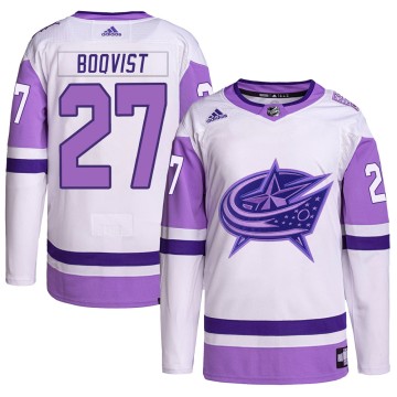 Authentic Adidas Men's Adam Boqvist Columbus Blue Jackets Hockey Fights Cancer Primegreen Jersey - White/Purple