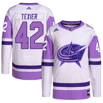 Authentic Adidas Men's Alexandre Texier Columbus Blue Jackets Hockey Fights Cancer Primegreen Jersey - White/Purple