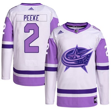 Authentic Adidas Men's Andrew Peeke Columbus Blue Jackets Hockey Fights Cancer Primegreen Jersey - White/Purple