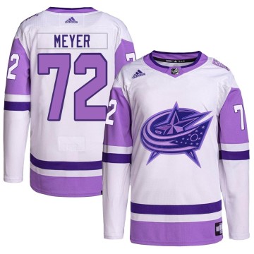 Authentic Adidas Men's Carson Meyer Columbus Blue Jackets Hockey Fights Cancer Primegreen Jersey - White/Purple