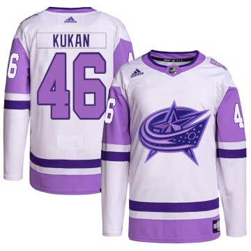 Authentic Adidas Men's Dean Kukan Columbus Blue Jackets Hockey Fights Cancer Primegreen Jersey - White/Purple