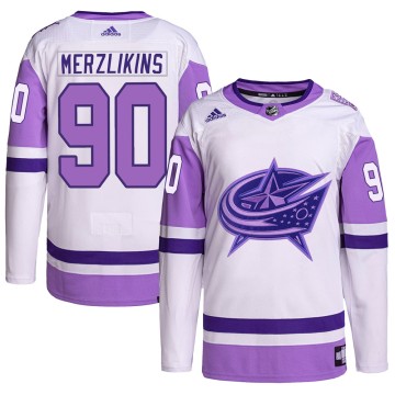 Authentic Adidas Men's Elvis Merzlikins Columbus Blue Jackets Hockey Fights Cancer Primegreen Jersey - White/Purple