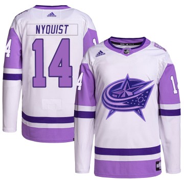 Authentic Adidas Men's Gustav Nyquist Columbus Blue Jackets Hockey Fights Cancer Primegreen Jersey - White/Purple