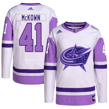 Authentic Adidas Men's Hunter McKown Columbus Blue Jackets Hockey Fights Cancer Primegreen Jersey - White/Purple