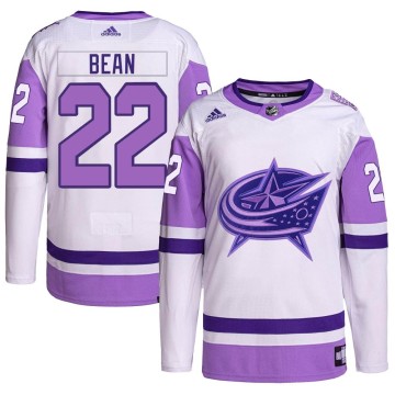 Authentic Adidas Men's Jake Bean Columbus Blue Jackets Hockey Fights Cancer Primegreen Jersey - White/Purple
