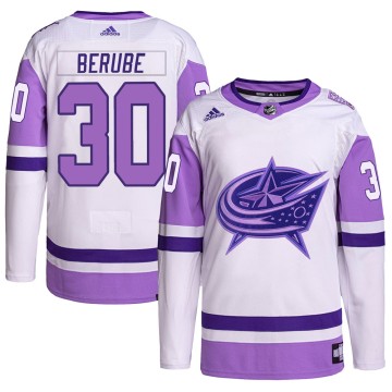 Authentic Adidas Men's Jean-Francois Berube Columbus Blue Jackets Hockey Fights Cancer Primegreen Jersey - White/Purple