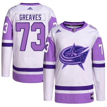 Authentic Adidas Men's Jet Greaves Columbus Blue Jackets Hockey Fights Cancer Primegreen Jersey - White/Purple