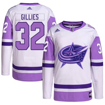 Authentic Adidas Men's Jon Gillies Columbus Blue Jackets Hockey Fights Cancer Primegreen Jersey - White/Purple