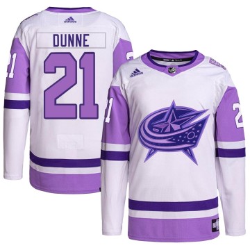 Authentic Adidas Men's Josh Dunne Columbus Blue Jackets Hockey Fights Cancer Primegreen Jersey - White/Purple