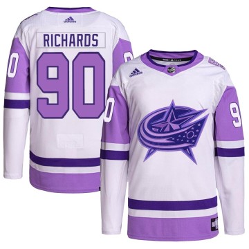 Authentic Adidas Men's Justin Richards Columbus Blue Jackets Hockey Fights Cancer Primegreen Jersey - White/Purple