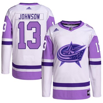 Authentic Adidas Men's Kent Johnson Columbus Blue Jackets Hockey Fights Cancer Primegreen Jersey - White/Purple