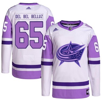 Authentic Adidas Men's Luca Del Bel Belluz Columbus Blue Jackets Hockey Fights Cancer Primegreen Jersey - White/Purple