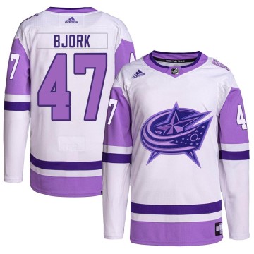 Authentic Adidas Men's Marcus Bjork Columbus Blue Jackets Hockey Fights Cancer Primegreen Jersey - White/Purple