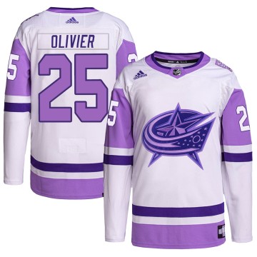 Authentic Adidas Men's Mathieu Olivier Columbus Blue Jackets Hockey Fights Cancer Primegreen Jersey - White/Purple