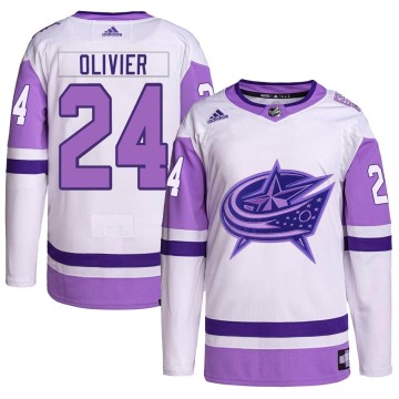 Authentic Adidas Men's Mathieu Olivier Columbus Blue Jackets Hockey Fights Cancer Primegreen Jersey - White/Purple