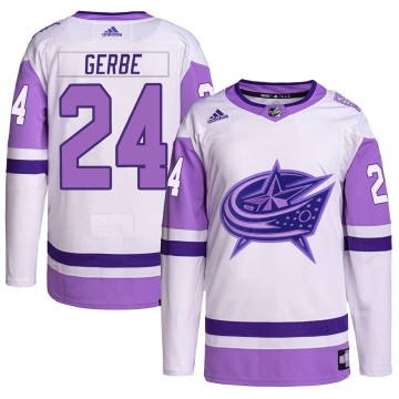 Authentic Adidas Men's Nathan Gerbe Columbus Blue Jackets Hockey Fights Cancer Primegreen Jersey - White/Purple