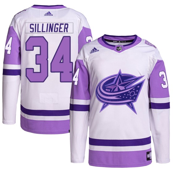 Authentic Adidas Youth Cole Sillinger Columbus Blue Jackets Hockey Fights Cancer Primegreen Jersey - White/Purple
