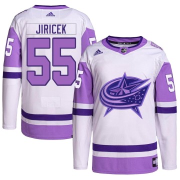 Authentic Adidas Youth David Jiricek Columbus Blue Jackets Hockey Fights Cancer Primegreen Jersey - White/Purple