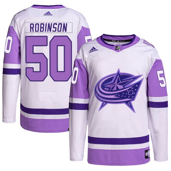 Authentic Adidas Youth Eric Robinson Columbus Blue Jackets Hockey Fights Cancer Primegreen Jersey - White/Purple
