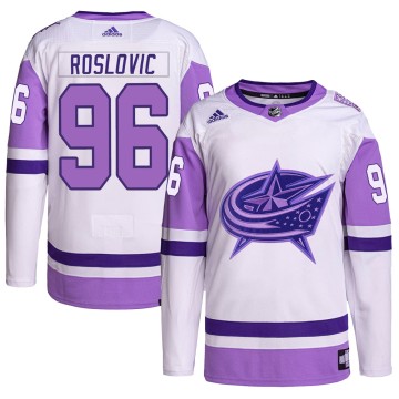 Authentic Adidas Youth Jack Roslovic Columbus Blue Jackets Hockey Fights Cancer Primegreen Jersey - White/Purple