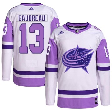 Authentic Adidas Youth Johnny Gaudreau Columbus Blue Jackets Hockey Fights Cancer Primegreen Jersey - White/Purple