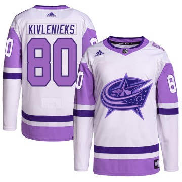 Authentic Adidas Youth Matiss Kivlenieks Columbus Blue Jackets Hockey Fights Cancer Primegreen Jersey - White/Purple